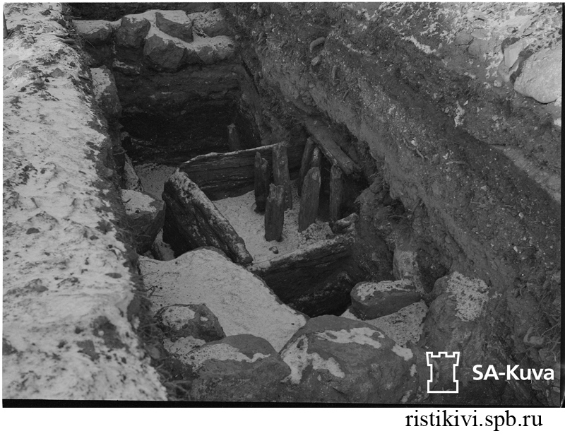 Во время похорон погибшего героя рядом с церковью Выборгского сельского прихода были сделаны важные исторические открытия. При рытье могилы были обнаружены фрагменты мощения одной из старых улиц, а также ряд мелких предметов возрастом 200-500 лет. Выборг возрождается. Проводившие работы не пренебрегли находками, а испытали радость от них. Фотография показывает остатки старого деревянного здания в выкопанной могиле. Также видны старые каменные ступени крыльца / Kaivettaessa sankarihautapaikkaa Viipurin Maaseurakunnan kirkon viereen tehtiin sangen huomattavia historiallisia löytöjä. Maakerroksen alta paljastui mm. kaupungin vanhoja katupohjia, rakennusten peruskiveyksiä. Oletettu hauta, sekä sangen runsaasti erilaisia pikkuesineitä, jotka kaikki viittaavat ajanjaksoon, jota elettiin 200-500 vuotta ennen meidän päiviämme. Viipuri elpyy. Sitä todistaa tämäkin, että ei vanhoja löytöjä ylenkatsota, vaan käydään niihin halukkaasti kiinni. Kuvissa näkyvä puurakennelma on otaksuttu hauta. Näkyvissä myös vanhoja talojen kivijalkoja Во время похорон погибшего героя рядом с церковью Выборгского сельского прихода были сделаны важные исторические открытия. При рытье могилы были обнаружены фрагменты мощения одной из старых улиц, а также ряд мелких предметов возрастом 200-500 лет. Выборг возрождается. Проводившие работы не пренебрегли находками, а испытали радость от них. Фотография показывает остатки старого деревянного здания в выкопанной могиле. Также видны старые каменные ступени крыльца / Kaivettaessa sankarihautapaikkaa Viipurin Maaseurakunnan kirkon viereen tehtiin sangen huomattavia historiallisia löytöjä. Maakerroksen alta paljastui mm. kaupungin vanhoja katupohjia, rakennusten peruskiveyksiä. Oletettu hauta, sekä sangen runsaasti erilaisia pikkuesineitä, jotka kaikki viittaavat ajanjaksoon, jota elettiin 200-500 vuotta ennen meidän päiviämme. Viipuri elpyy. Sitä todistaa tämäkin, että ei vanhoja löytöjä ylenkatsota, vaan käydään niihin halukkaasti kiinni. Kuvissa näkyvä puurakennelma on otaksuttu hauta. Näkyvissä myös vanhoja talojen kivijalkoja